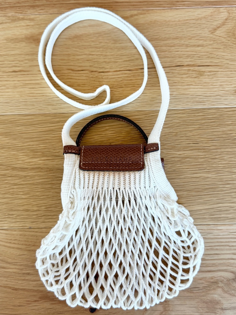 Longchamp Le Pliage Filet Mini Bag with Brown Leather Trim | White - Picture 7 of 8